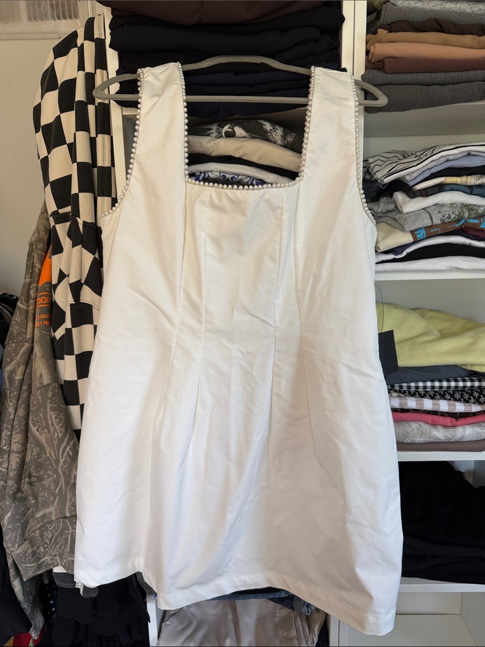 NWT Lulu's White Square-Neck Mini Dress with Pearl Trim